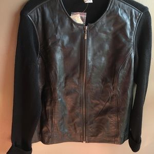 Black Knitted Sweater with Leather Zippped Front !